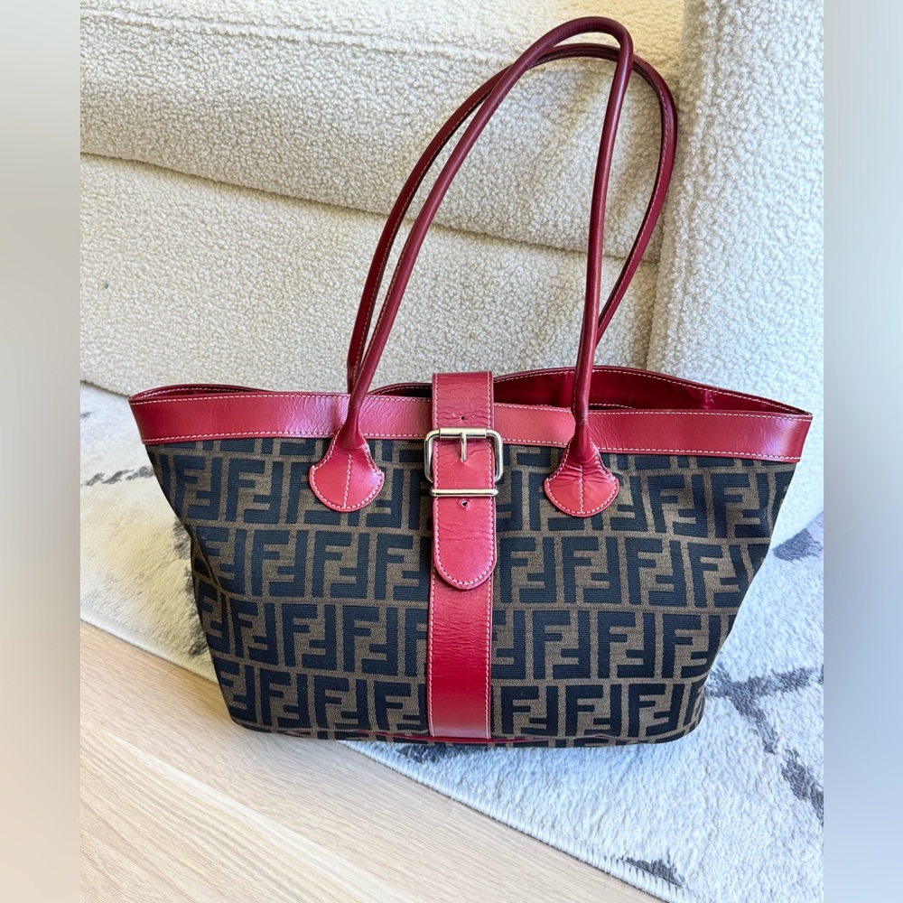 FENDI Brown FF Jacquard Zucca Buckle Tote with Red Accent Silver Hardware used